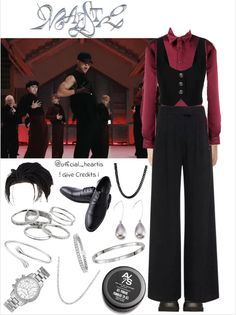 the costume is black and has red shirt, pants, shoes, necklaces, watch