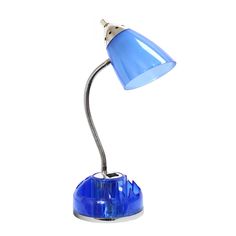 a blue desk lamp with a silver base on a white background is seen in this image