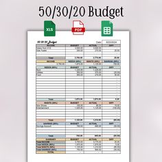 an image of a printable budget sheet with the text 50 / 30 / 20 budget