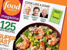 the cover of food network magazine features shrimp, peas and rice in a skillet