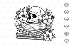 a skull sitting on top of a pile of books with flowers around it and the words,