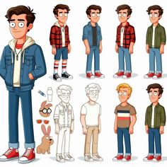 cartoon character poses with different expressions and haircuts for the characters in this animation