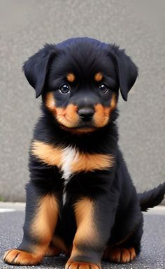 a small black and brown puppy sitting on the ground