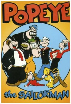 pope the sailorman movie poster with cartoon characters on yellow and blue background, from an old comic book