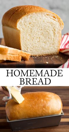 a loaf of homemade bread on a cutting board and in a loaf pan with butter