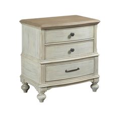 a white dresser with two drawers on each side and an open drawer in the middle