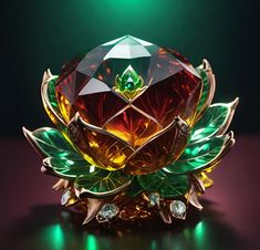 an elaborately designed glass object with green leaves on it's sides and a diamond in the center