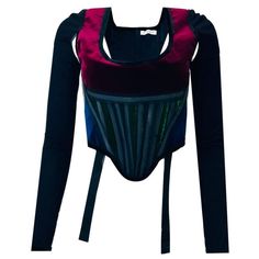 Givenchy Velvet Trim Corset Black fringed/raw edged with bright red and dark green velvet detailing. Long Sleeves with cut out areas to arms. From 2013 runway collection. Rare item. Additional information: Size – 40FR Composition- Velvet, 25% Silk, 75% Viscose Condition – Very Good/Excellent Jacques Fath, Dark Green Velvet, 2013 Runway, Corset Black, Corset Blouse, Chic Leather, Velvet Trim, Black Fringe, Vintage Velvet