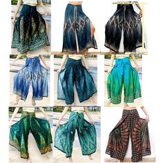 Thai Feather Art Boho Wide Leg Yoga Pants: Hippie Style Fisherman Palazzo Trousers String Tie Wrap pants Beach Wear SPECIAL STYLE OUR DESIGN ...ONLY HERE FROM OUR STORE + Adorable and luxurious wrap pants with a cute style + Vibrant colors and lovely floral print for a charming look + Flexible fit with string tie front and back + Perfect for all special occasions, adding a touch of elegance to your ensemble THIS 'S SO PRETTY MADE WITH HEART  ... feel great with good looks thai  rayon 100% MEASUREMENT:(please use as an estimate) Waist: lay flat side-side: 31"  (round 28"-46") HIP :  lay flat side-side: 32"  (round 60") Length from top to hem: 39"  ---------------------------- Wholesale available - made to order ---------------------------- we do measurement in inch. we are always happy to h Hippie Ankle-length Summer Bottoms, Multicolor Ankle-length Bottoms For Summer, Summer Festival Harem Bottoms, Hippie Style Hip-length Summer Bottoms, Casual Beach Bottoms For Festivals, Multicolor Harem Bottoms For Summer, Wide Leg Yoga Pants, Leg Yoga, Wrap Pants