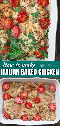 an italian baked chicken dish in a casserole dish with tomatoes and spinach