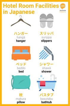 an info sheet with japanese words and pictures on the front, including hotel room facilities in japanese