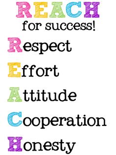 the words reach for success, respect, effort and attitude are shown in multicolored letters