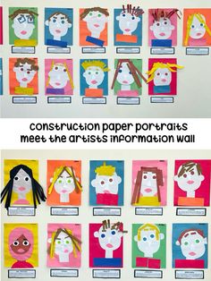 construction paper portraits meet the artist's information wall for kids to learn how to make them