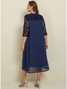 Women‘s Plus Size Curve Work Dress Chiffon Dress Swing Dress Long Dress Maxi Dress 3/4 Length Sleeve Lace Layered V Neck Outdoor Summer Spring Wedding Guest Dress Chiffon Dress With 3/4 Sleeves For Formal Occasions, Chiffon Dress With 3/4 Sleeves For Formal Events, Formal Chiffon Dress With 3/4 Sleeves, Fitted Chiffon Dress With Half Sleeves, Spring Chiffon Dress With 3/4 Sleeves, Chiffon 3/4 Sleeve Dress For Party, Chiffon Dress With 3/4 Sleeve For Party, Blue 3/4 Sleeve Dress For Mother Of The Bride, Chiffon Party Dress With 3/4 Sleeve