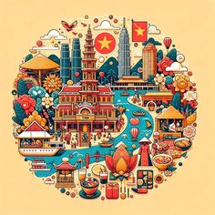 an illustration of a colorful city surrounded by buildings and other things in the shape of a circle