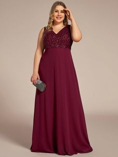 Looking for a dress that will turn heads? The Sequin Sleeveless Double V-Neck Formal Evening Dress is made with high-quality sequins that catch the light and dazzle onlookers. Perfect for formal occasions such as weddings, black-tie events, and prom, this dress will make you feel like the belle of the ball. The sleeveless design and double V-neckline add a touch of sophistication to this show-stopping dress. Fit: Please refer to Size Chart. Closure: It is Concealed a Zipper Up The Back. Undergarments: It is Not Padded, with Lining. Fabric: Shell:100%Polyester, Lining:100%Polyester. Stretch: Fabric is Low Stretch. Dresses Beach, Evening Dresses With Sleeves, Formal Evening Dress, Chiffon Evening Dresses, Evening Dresses Plus Size, Evening Gowns Elegant, Ever Pretty, Affordable Dresses, Dresses Bridesmaid