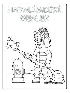 a coloring page with a cartoon fireman holding a hose