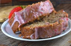 two slices of strawberry banana bread on a plate