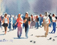 watercolor painting of people walking in the snow on a sunny day with birds flying around