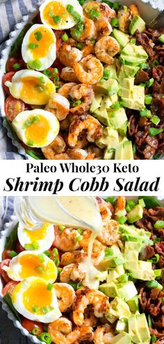 two pictures of shrimp cobb salad with hard boiled eggs and avocado on top