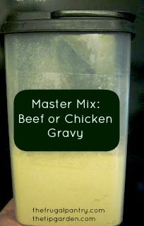 a person is holding a container of chicken gravy in their hand with the words master mix beef or chicken gravy on it