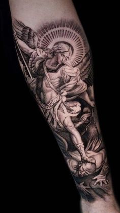 Angle Tattoo For Men, St Michael Tattoo, Outer Forearm Tattoo, Archangel Tattoo, Inner Bicep Tattoo, Inner Forearm Tattoo, St Michael The Archangel, Men Tattoos Arm Sleeve, Forarm Tattoos