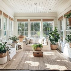 a living room with lots of plants in the window sill and couches on the floor