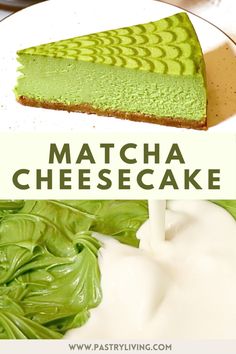 matcha cheesecake on a white plate with green leaves next to it and the title overlay reads matcha cheesecake