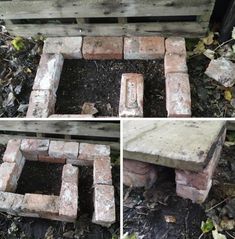 four different pictures of an outdoor fire pit made out of bricks and wood, with the top section missing