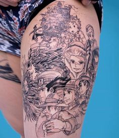 the back of a woman's thigh with anime characters on it