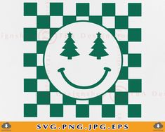 a green and white checkerboard pattern with trees on it, smiling face in the center