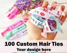 **PERSONALIZED HAIR TIES/ WRISTBANDS ** Our wristbands are the perfect favor for your party. You can choose: 1- HAIR TIE DESIGN: Just tell us what you have in mind or your party theme and we will turn it into a beautiful elastic hair tie. (We can print names, logos, and much more) Our elastic hair ties are unique and versatile. They are great to use as wristbands or as hair ties no crease , no damage to your hair. A wide range of colors available. If you need further information, please do not h Party Wristbands, Custom Wristbands, Boho Tie Dye, Synthetic Dreads, Wool Tie, Dread Hairstyles, Tie Design, Hair Wraps, Elastic Hair Ties