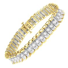 This bold 14k yellow and white gold tennis bracelet features 5 carats of beautiful, natural diamonds. At the center of this design sits round-cut diamonds set in white gold embellished with baguette-cut diamonds on the sides. The outer layer of this piece is set with yellow gold, giving the bracelet a luxurious feel. This is the perfect accessory for any formal night out. "Video Available Upon Request" Product Features: Diamond Type: Natural White Diamonds Diamond Count: Total 217 Diamonds inclu Yellow Gold Baguette Cut Tennis Bracelet For Anniversary, White Diamond Bracelet With Baguette Diamonds For Anniversary, Gold Diamond Bracelet With Brilliant And Baguette Cuts, Gold Diamond Bracelet With Baguette And Brilliant Cut, Gold Diamond Bracelet With Baguette Cut, Classic Gold Tennis Bracelet With Baguette Diamonds, Gold Tennis Bracelet With Diamond Accents And Baguette Cut, Gold Baguette Cut Tennis Bracelet With Diamond Accents, Yellow Gold Diamond Bracelet With Baguette Diamonds For Anniversary