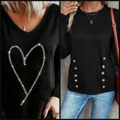 Fabulous Deal! Two Long Sleeve Black T-Shirt Tops. 1. Glamorous Rhinestone Heart T-Shirt - Fashion V Neck, Long Sleeve Tank 2. Chic Long Sleeve T-Shirt With Tortise Shell Button Detail Black Tailored Style Soft And Comfortable Fabric, Great For Casual, Business Casual And Happy Hour Parties, Perfect For All Occasions Hippi, Boho, Eclectic, Festivals Size M Casual Party Tops With Rhinestones, Trendy Black Top With Rhinestones, Casual Rhinestone Tops For Night Out, Trendy Black Tops With Rhinestones, Black V-neck Tops With Rhinestones, Black Long Sleeve Tops With Rhinestones, Black V-neck Top With Rhinestones, Trendy Rhinestone Tops For Fall, Tailored Style