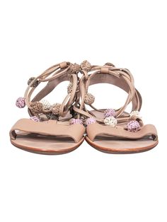 Elevate your boho look this summer with these sandals from Loeffler Randall! These strappy sandals feature adorable baubles and are perfect for any casual outing or even a music festival! Pair with a sundress and hobo bag for a hippie chic look. Size 7 Leather upper w/ strappy design Pink, green, tan and white baubles on straps Slip on closure w/ ties Leather sole and footbed w/ minor wear on toes Original dustbag included Length 9.5" Casual Summer Toe Ring Sandals With Ankle Strap, Spring Vacation Toe Ring Sandals With Adjustable Strap, Summer Vacation Lace-up Sandals With Open Heel, Casual Ankle Strap Toe Ring Sandals For Summer, Adjustable T-strap Sandals With Flat Heel For Vacation, Casual Open Heel Lace-up Sandals For Vacation, Bohemian T-strap Sandals For Summer, Casual Toe Ring Sandals With Ankle Strap For Vacation, Casual Ankle Strap Toe Ring Sandals For Vacation