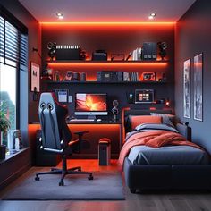 a bed room with a neatly made bed and a computer on top of the desk