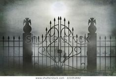 an old iron gate with the sun behind it and fog in the sky over it