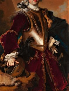 a painting of a man in a red and gold outfit with fur on his head