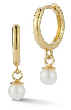 Easy-to-wear hoop earrings will add significant polish to even your most casual ensembles. 1.8" drop Pearl size: 4mm 14k gold/cultured pearl Made in Turkey Classic Dangle Hoop Earrings With Pearl Charm, Classic Gold Hoop Earrings With Pearl Charm, Classic Hoop Huggie Earrings With Pearl Charm, Classic Pearl Charm Hoop Earrings For Anniversary, Classic Gold Hoop Earrings With Pearl Drop, Formal Hoop Earrings With Pearl Charm, Classic Small Hoop Earrings With Pearl Charm, Classic Hoop Earrings With Pearl Charm, Classic Pearl Drop Hoop Huggie Earrings