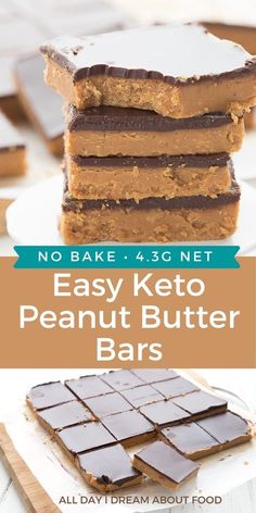 no bake keto peanut butter bars are stacked on top of each other with text overlay