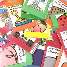 many different colored cards with pictures of children's professions and animals on them,