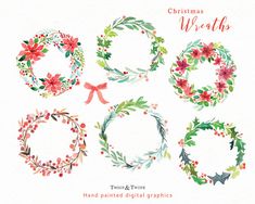 watercolor christmas wreaths and hand painted digital graphics for scrapbooking, cards, etc