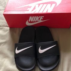 These Nike Slide Are Like New Only Worn Once Inside. Come With Original Box. Non-slip Slide Sneakers For Streetwear, Non-slip Comfortable Slide Sneakers, Comfortable Non-slip Slide Sneakers, Nike Black Slides With Rubber Sole, Black Non-slip Comfortable Sneakers, Comfortable Non-slip Black Sneakers, Comfortable Black Non-slip Sneakers, White Sporty Slides For Training, Nike Casual Slides With Rubber Sole