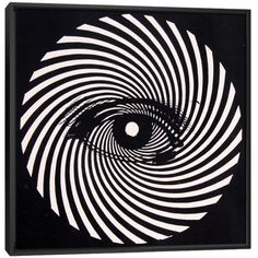 an eye in the center of a black and white spiral pattern on a black background