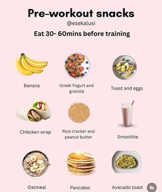 a pink poster with the words pre - workout snacks on it and pictures of different foods