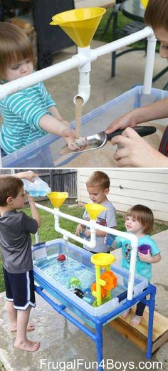 two pictures of children playing with toys in the yard and on the patio, one is pouring water from a sprinkler