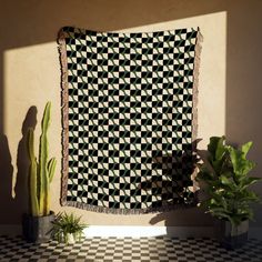 a black and white checkered wall hanging next to a potted cacti