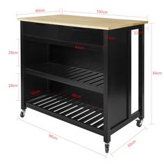 an image of a kitchen island on wheels with measurements for the top and bottom shelf