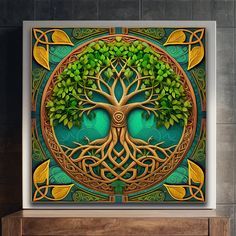 a painting with a tree in the center surrounded by green leaves and gold trimmings