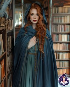 a woman with red hair wearing a blue cloak and standing in front of a bookshelf